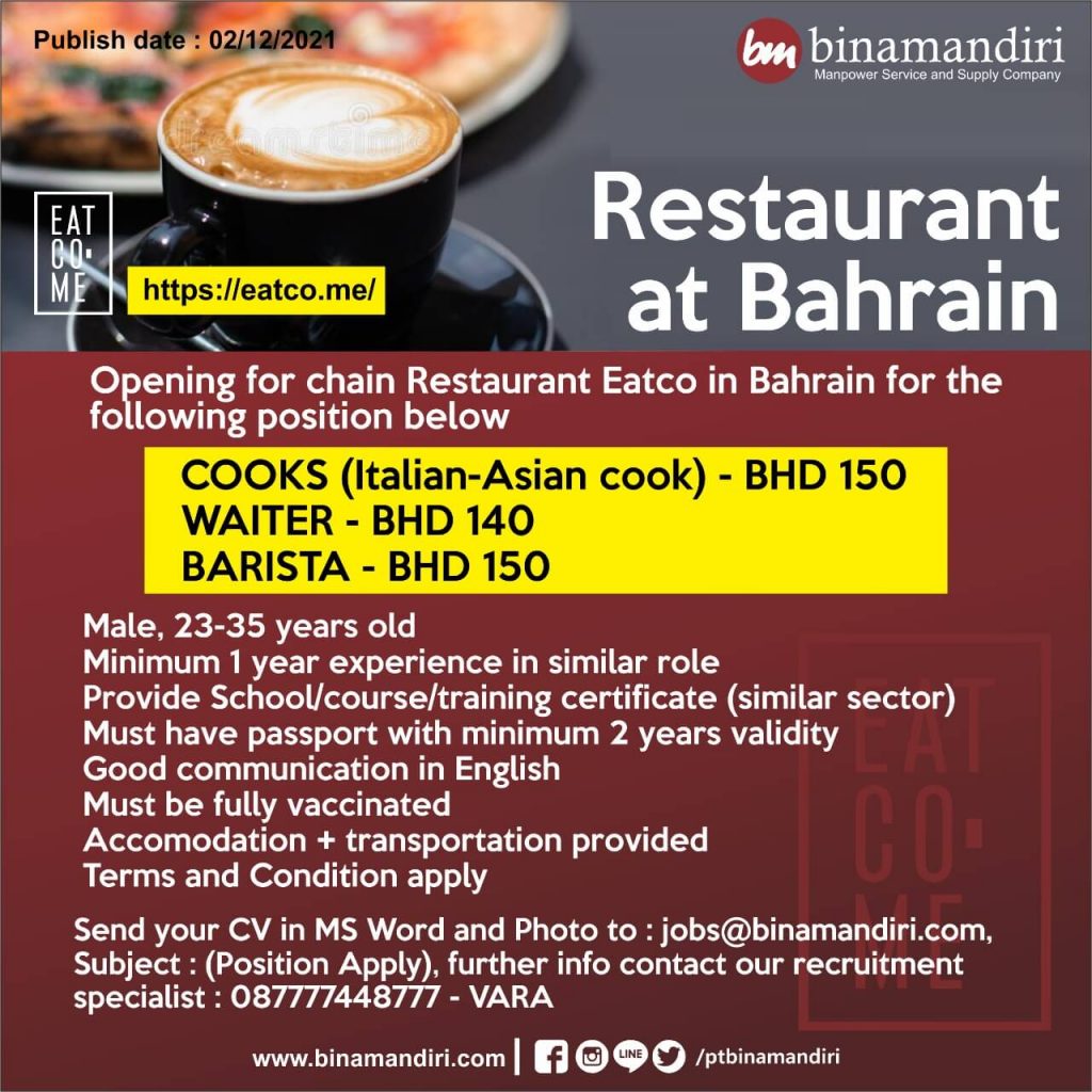 Bahrain - Cooks, Waiters & Barista