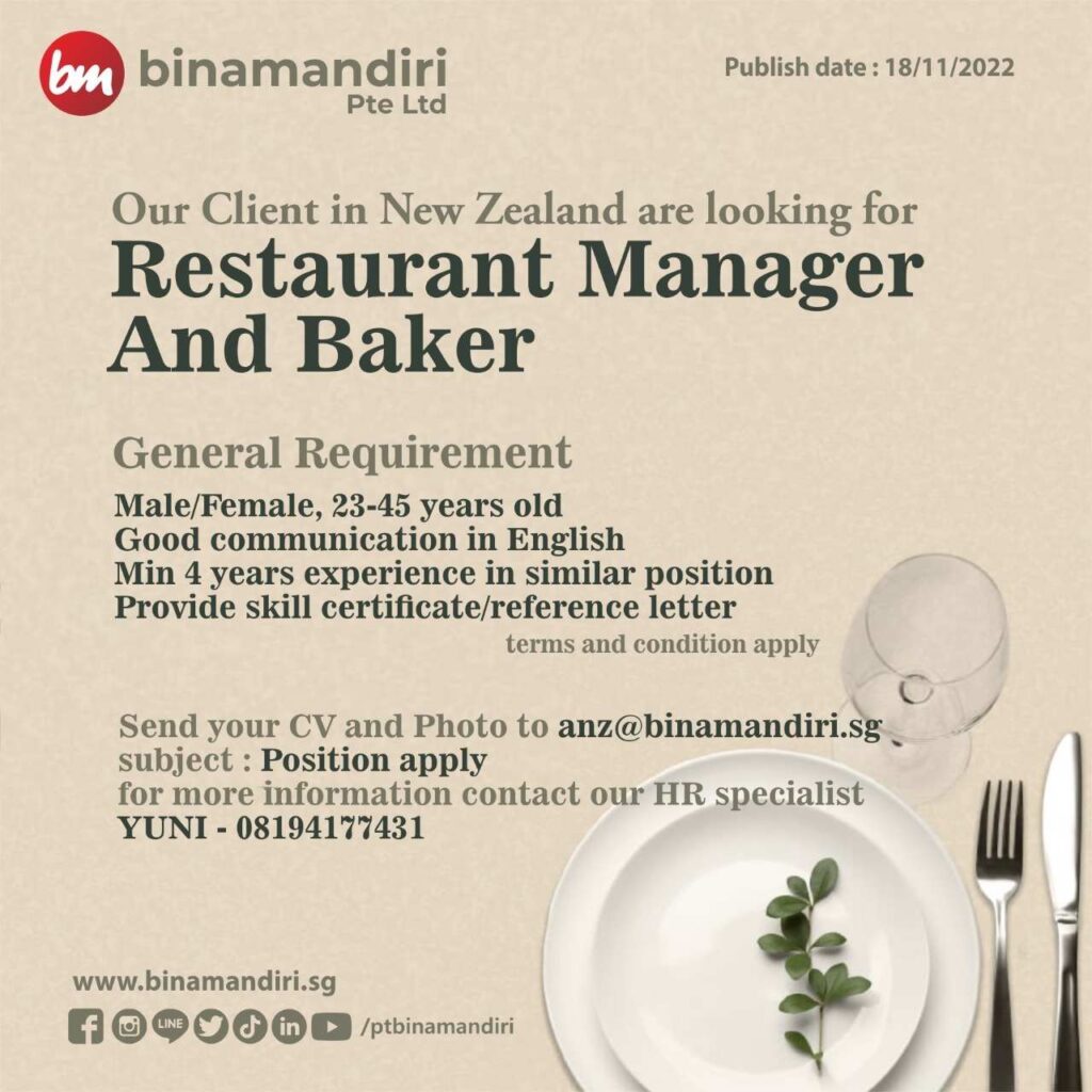 New Zealand - Restaurant Manager and Baker