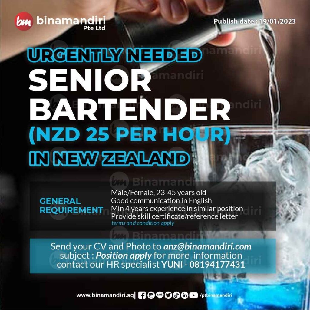 Urgently needed Senior Bartender in New Zealand