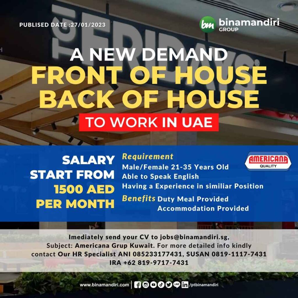 Front of House and Back of House to work in Uni Arab Emirates for Americana Group